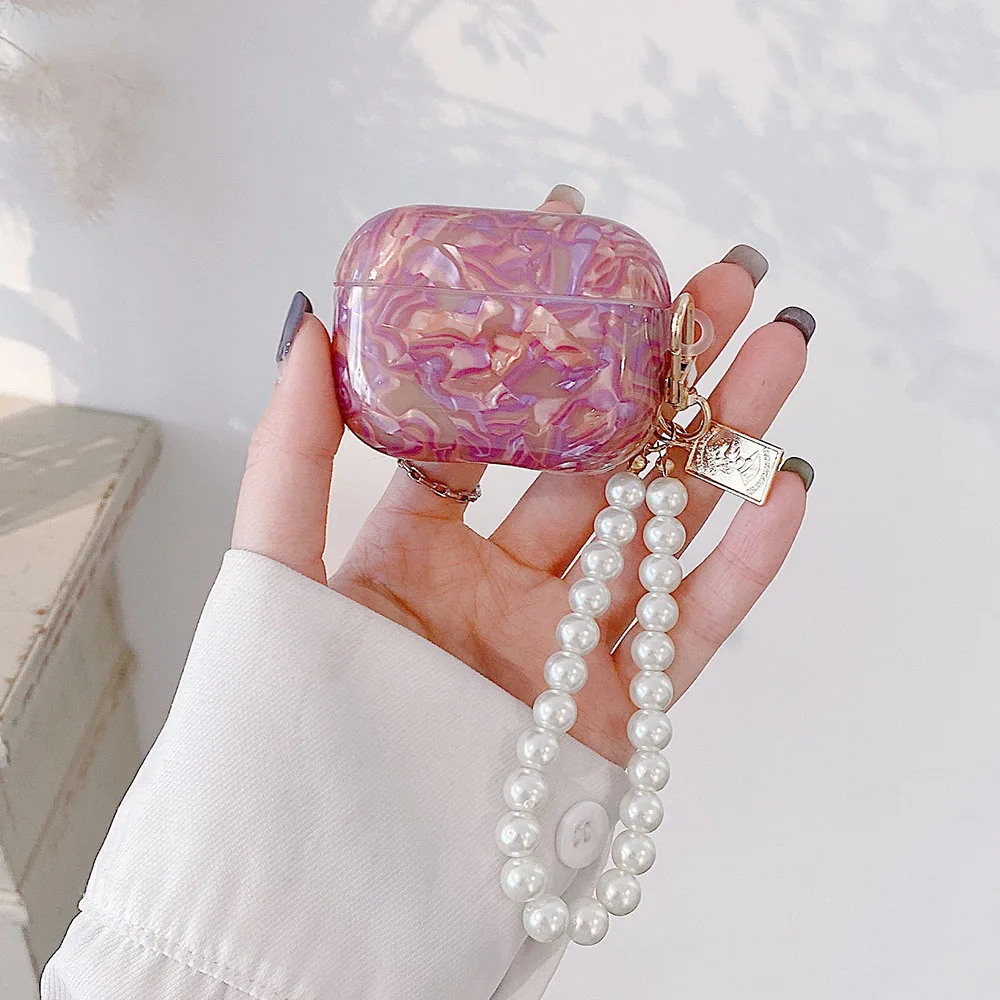 

Luxury Pearl Bracelet KeyChain Case For Apple Airpods 1 2 3 Conch Shell Texture Cases for AirPods Pro Earphone Cover Accessories