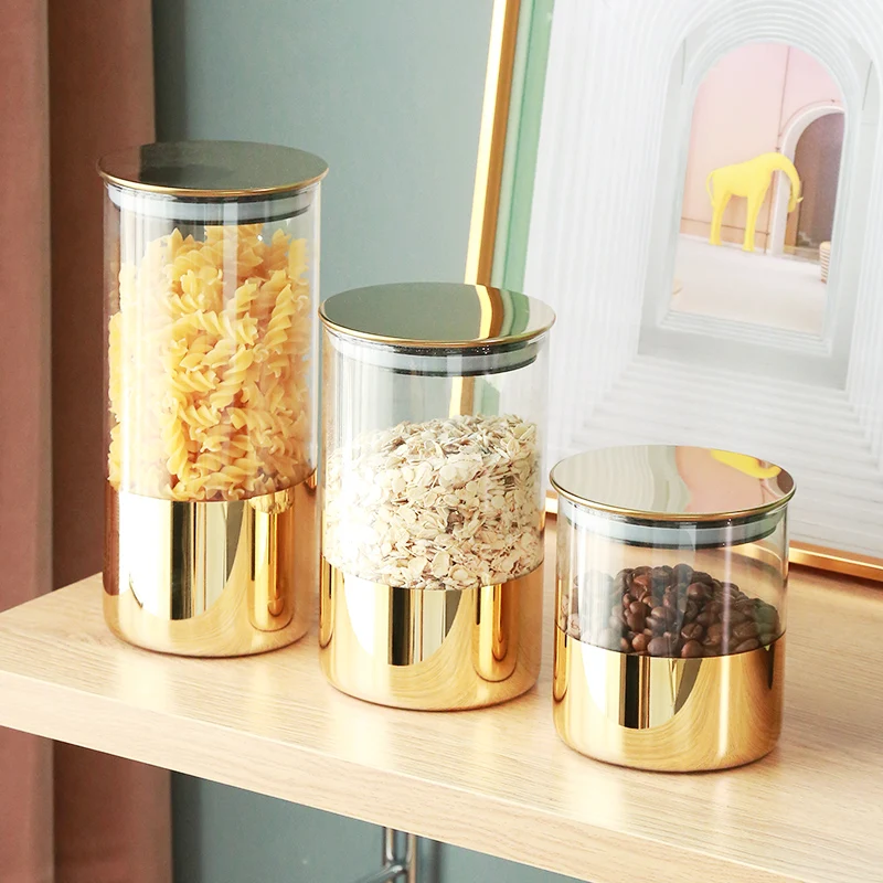 

Gilded Glass Sealed Can Coffee Bean Storage Container Snack Dried Fruit Storage Tank Metal Cover Home Kitchen Storage Ornaments
