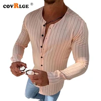 covrlge mens casual shirt long sleeved new european american temperament simple round neck striped shirt men streetwear mcl331