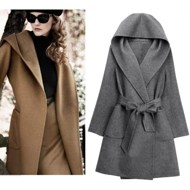 

2020 Autumn Jacket Women Wool Blends Khaki Long Female Coat Slim Hooded Long Style Soild Woolen Blends Coat Women Jacket 50