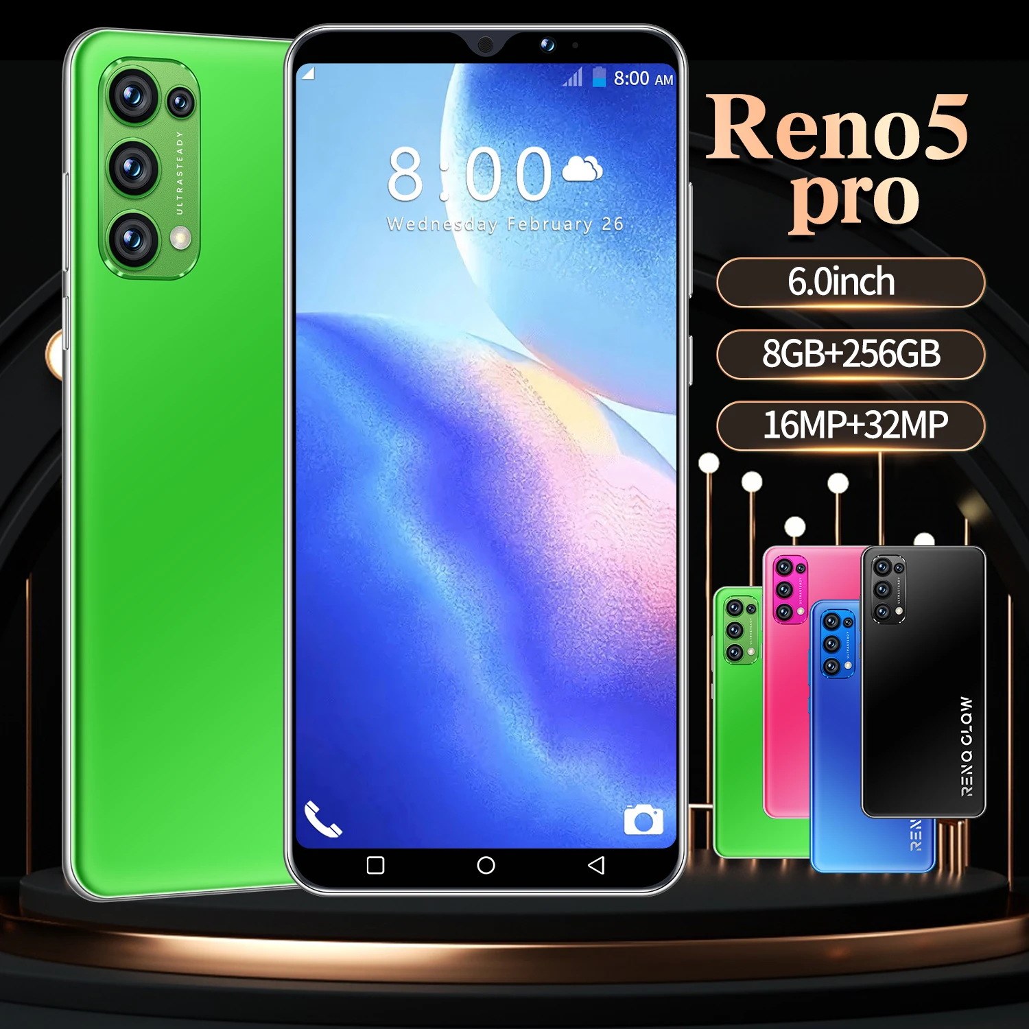 

Global Version Reno5 Pro 6.0 Inch 8+256GB ROM 6.0 Inch 16+32MP HD Camera 10 Core 6800mAh Face Fingerprint ID MTK6889 Smart Phone
