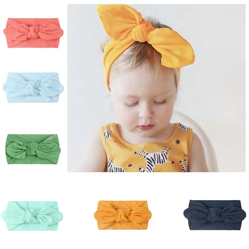 

Children's Solid Color Rabbit Ears Headband Nylon Soft Wide Hair Bands for Newborn Cute Bowknot Turban Elastic Hair Accessories