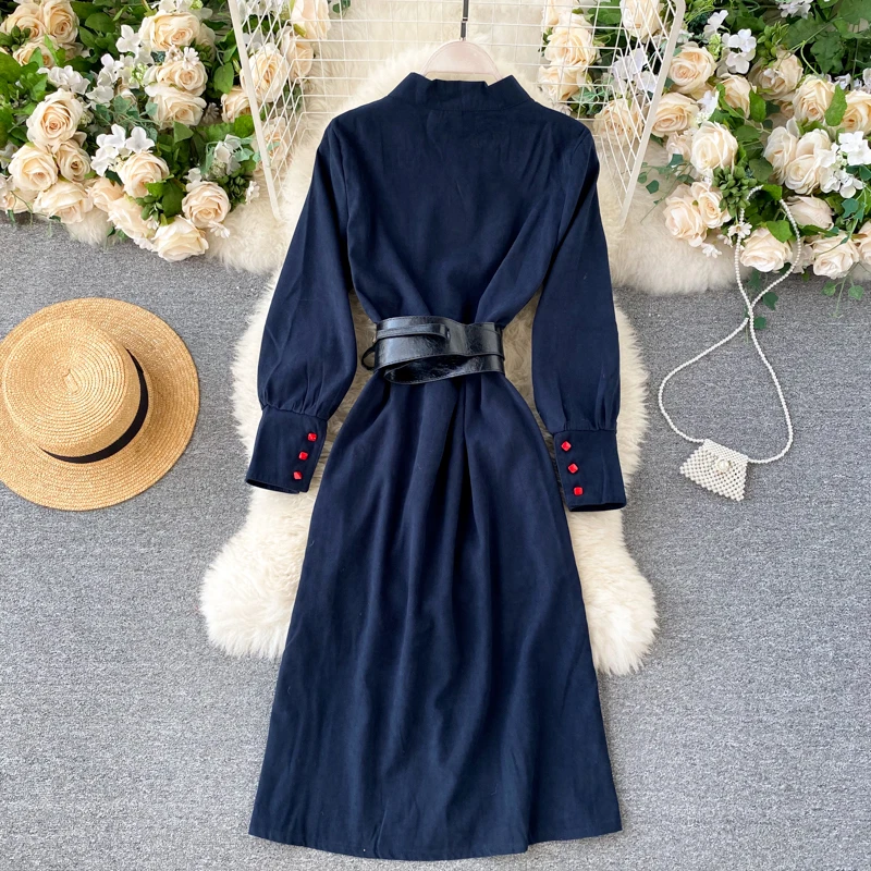 

Elegant Preppy Style Women Medium Long Single Breasted Shirt Style Dress Chic Belted Dress