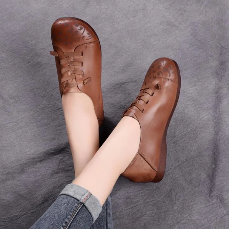 2021 Spring Women Shoes Flat Genuine Leather Plain Toe Lace Up Ladies Shoes Flats Woman Moccasins Female Footwear