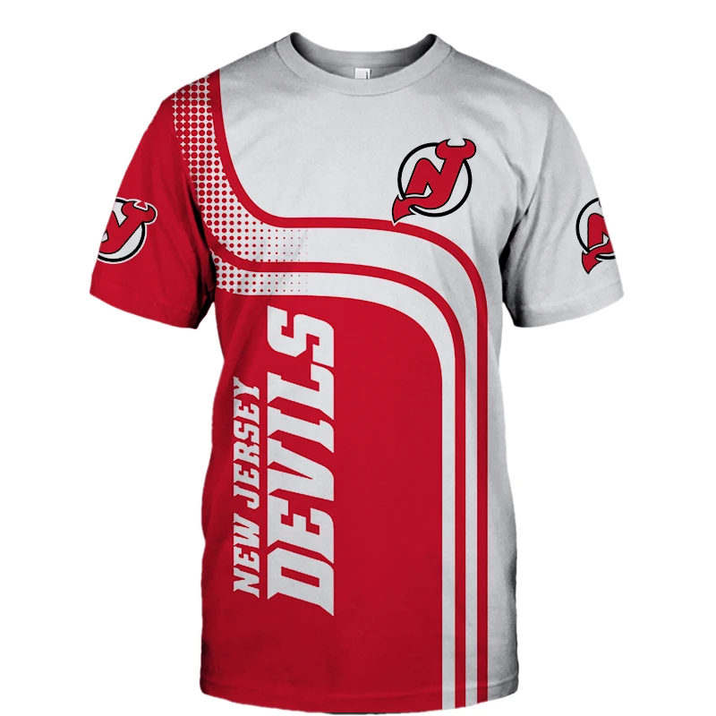 

New Summer Casual Top New Jersey Men's Fashion T-shirt White and Red Stitching Curved Dot Printed Devil Letter T-shirt
