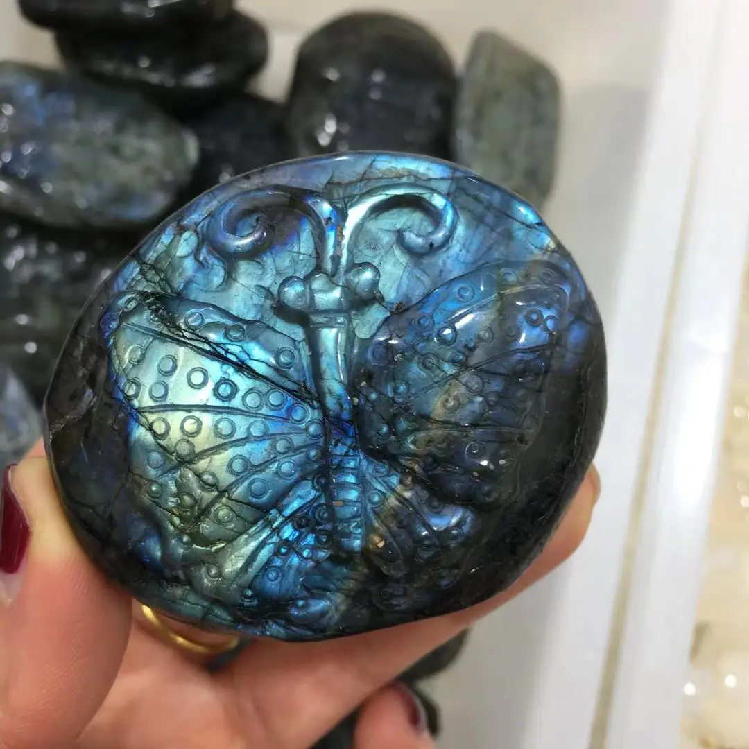 

1pcs AAAA Natural blue labradorite hand crved owl polished crystal butterfly stones for sale