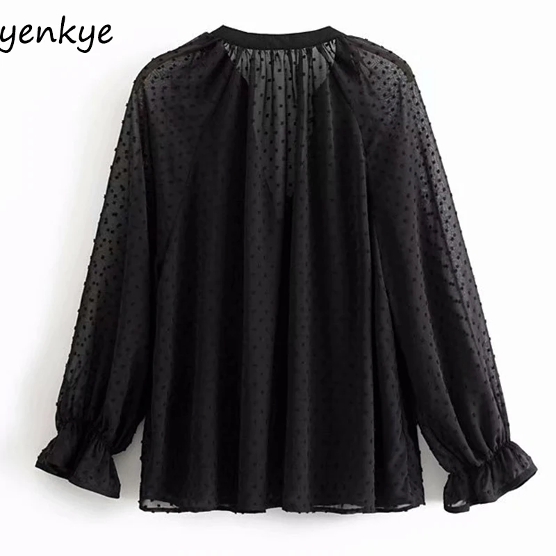 2019 Женская винтажная блузка в горошек Черная вуаль рубашка женская длинный рукав