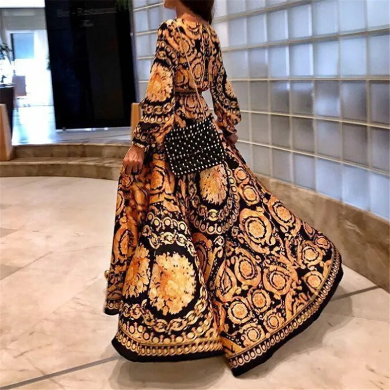 Платье женское длинное в стиле бохо Длинное свободное с V образным вырезом и