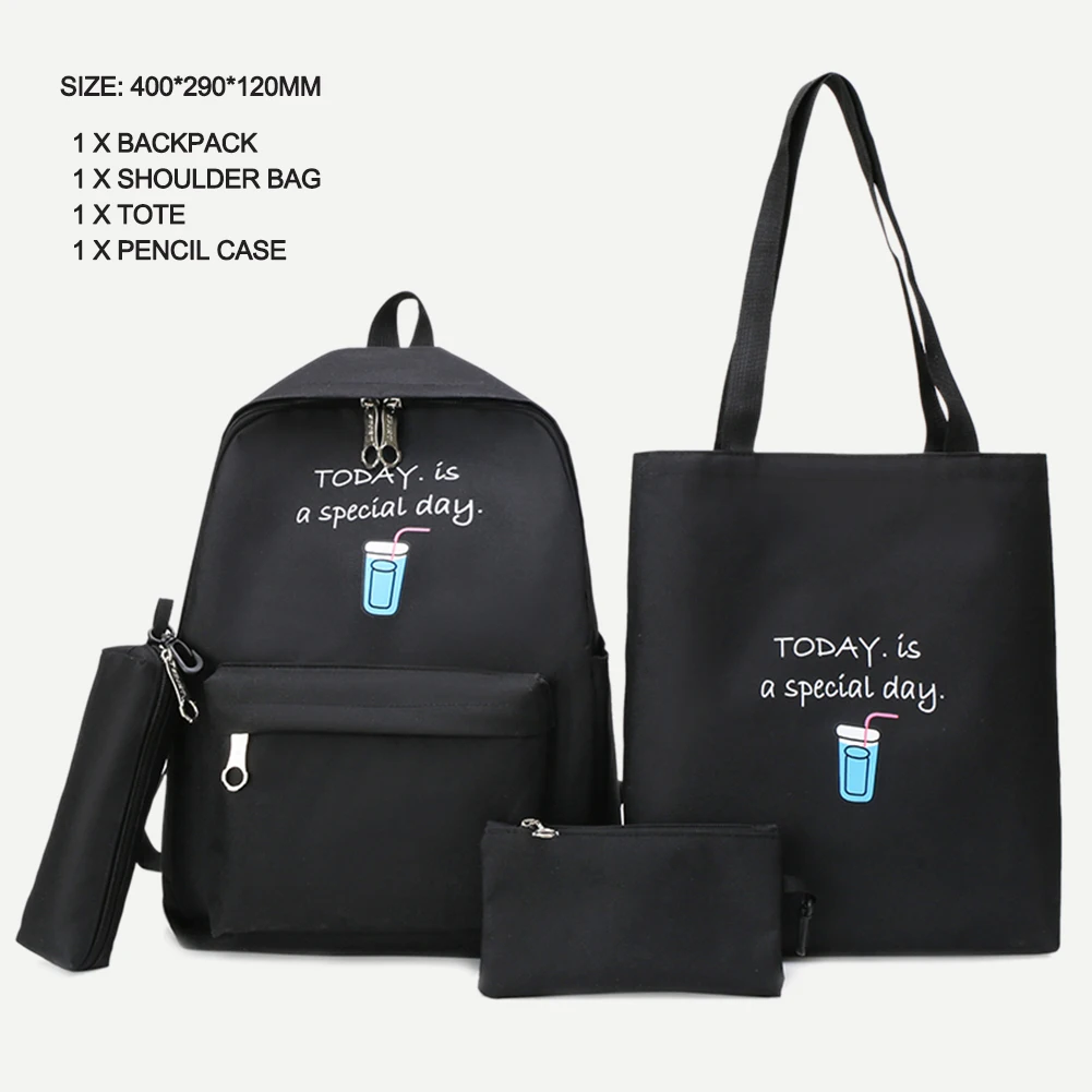 4pcs black Модный женский холщовый рюкзак, женские рюкзаки в полоску, холщовые сумки через плечо с верхней ручкой, сумки для путешествий, уличные школьные сумки - Цвет: 4pcs black