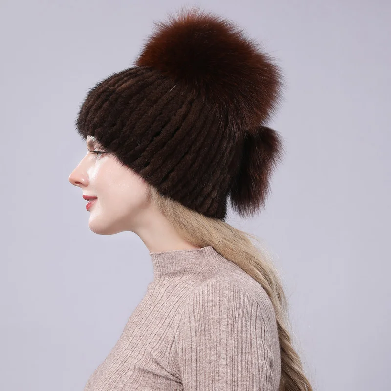 Зимние настоящие норковые меховые шапки для женщин вязаные меха лисы помпон ухо