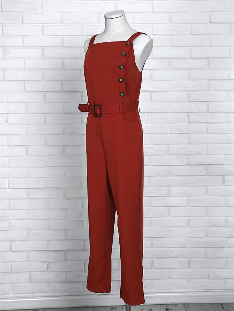 2019 Fashion Summer Women Stylish Elegant Casual Red Slinky Romper Female Sleeveless Solid Color Button Design Jumpsuit | Женская одежда