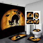 Фланелевый коврик для ванной на Хэллоуин с черной кошкой, коврики для унитаза, тканевые занавески для душа с 12 крючками, домашний декоративный набор для ванной комнаты