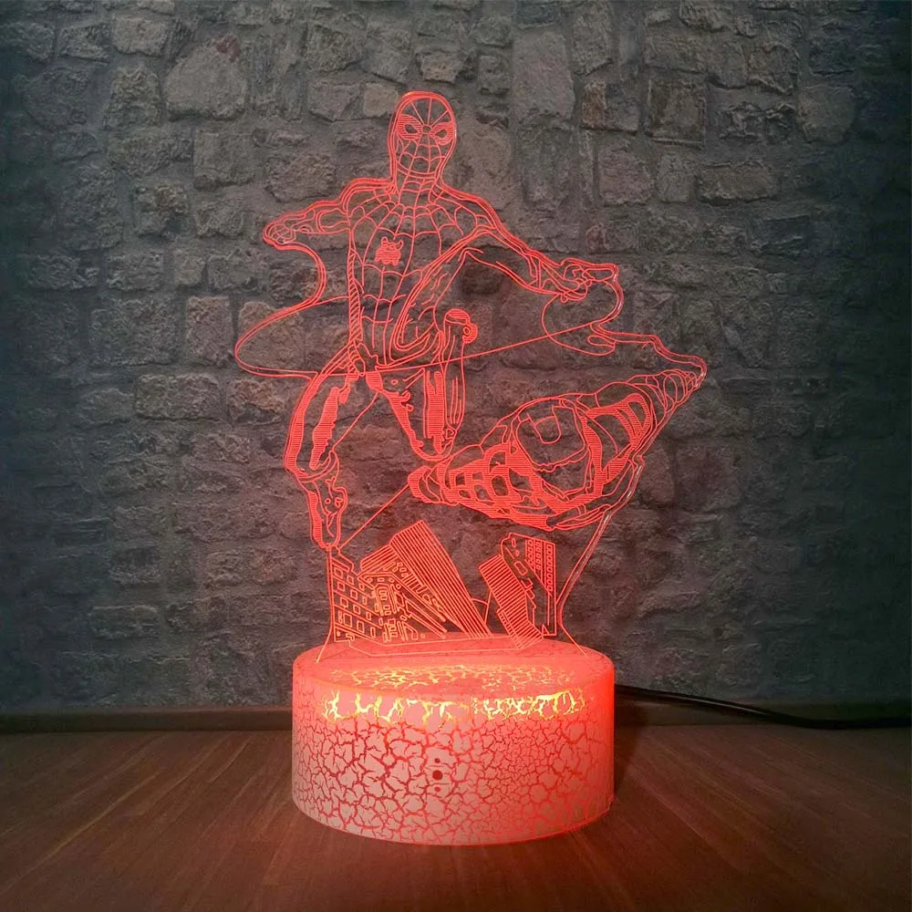 Человек-паук и Железный человек Marvel Мстители 3D Светодиодная Иллюзия Ночная лампа