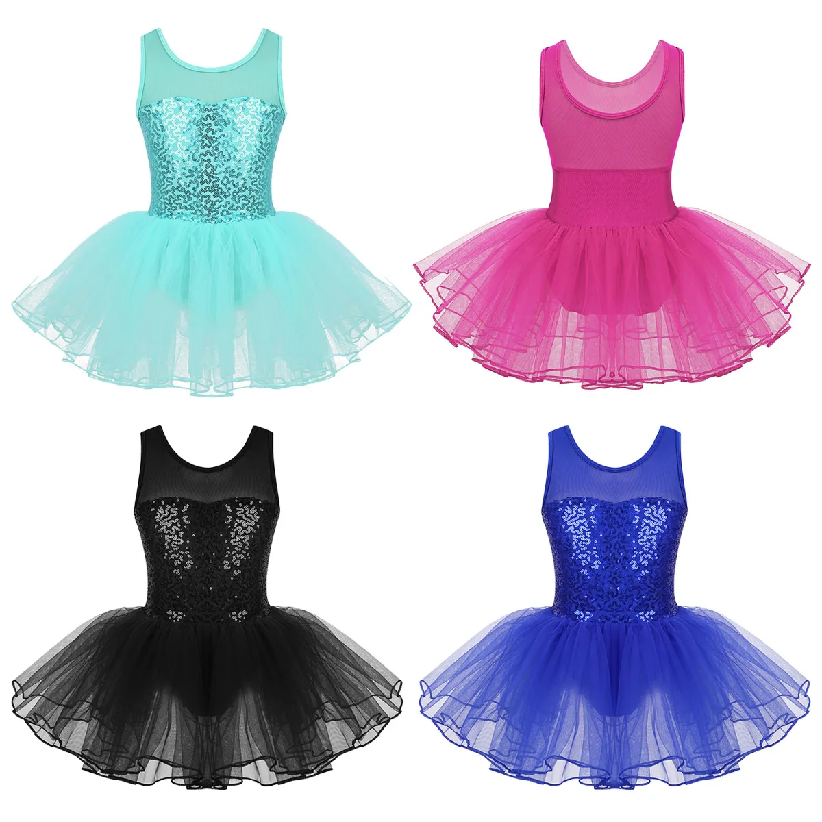 

FEESHOW Kids Girls Leotard Dress Dancewear Costume Stretch Mesh Splice Sequins Ballet Dance Gymnastics Leotard Mesh Tutu Dress