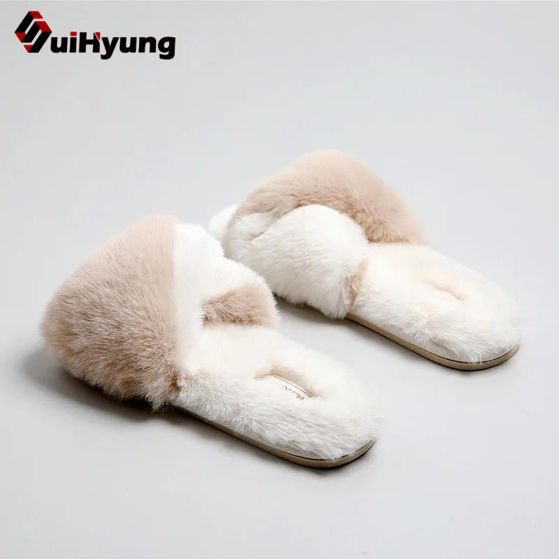 Тапки Suihyung женские зимние меховые пушистые без застежки повседневные сланцы