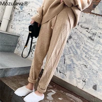 mozuleva winter thicken women harem pants casual drawstring twisted knitted pants femme chic warm female sweater trousers 2021