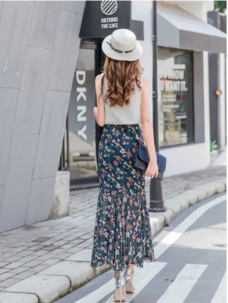 

Women Lotus Edge Chiffon Long Skirts Slit Wrap Skirt Elegant Vintage Floral Print High Waist Summer Autumn 2021