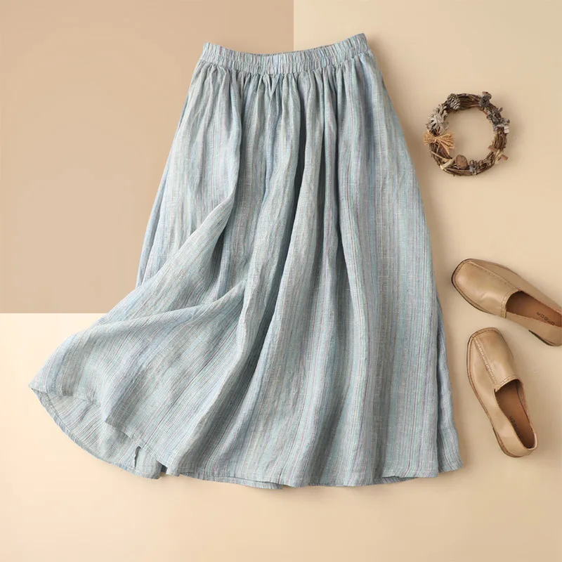 

SHUCHAN Long Skirts for Women Linen Cotton Casual Solid A-Line Mid-Calf Empire Skirts Womens 2021 Newest