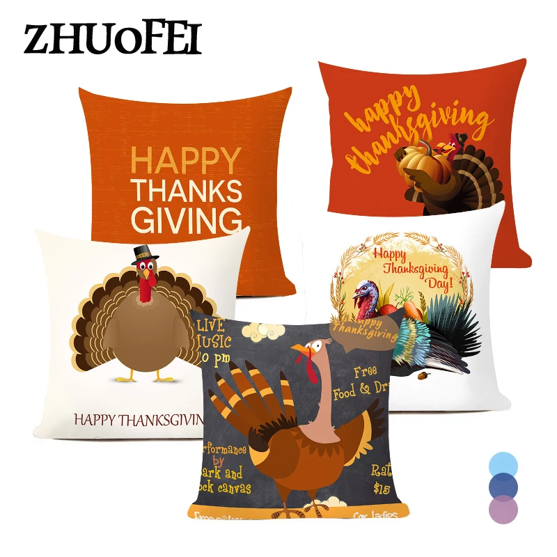 

Happy Thanksgiving Home Decor Cushion Cover 45X45CM Turkey Pumpkin Printed Polyester Pillowcase Fall Festival Decorations C0031