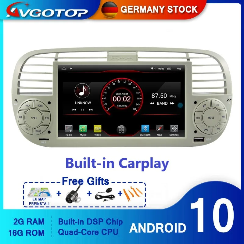AVGOTOP Android 10 Bluetooth GPS Автомобильный плеер мультимедиа для FIAT 500 2G 16G радио
