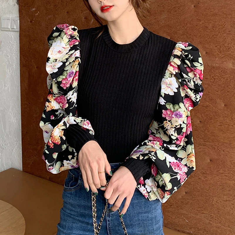 

Vintage Autumn Floral Blouse Women Vintage Puff Long Sleeve Patchwork Knitted Tops Shirt Korean Elegant Slim Blouses Blusas