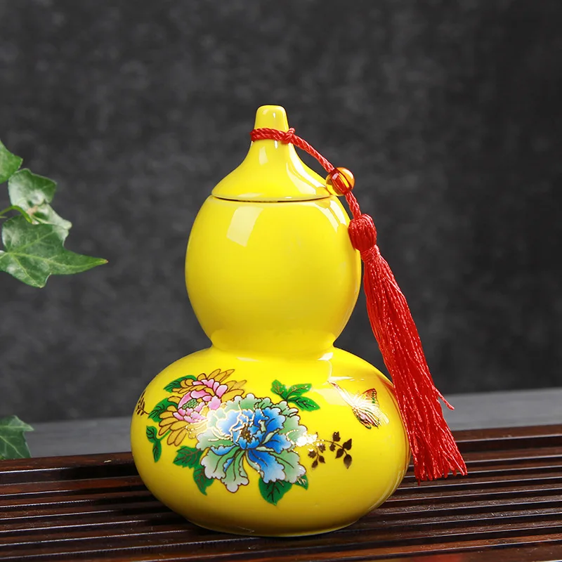 T Peony Yellow Cucurbit Tea Caddy Ceramic Tea Box Gift Tea Leaf Packing Box Coffee Bean Sealed Canister Pills Face Powder Storage Jar - Цвет: T Peony Yellow