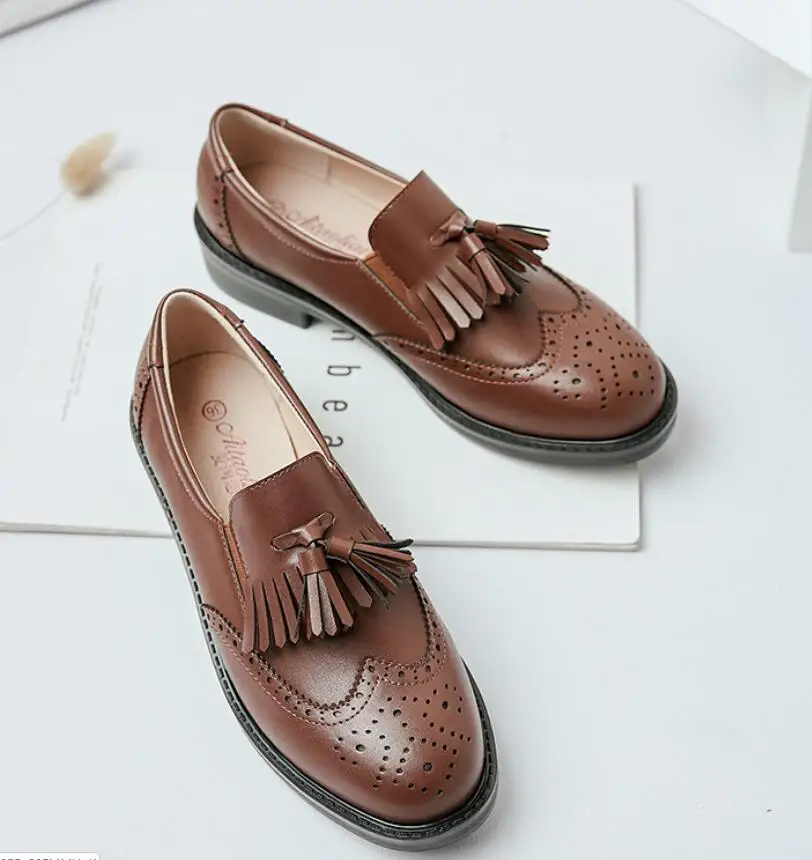 brown Коричневые итальянские Броги из коровьей кожи с кисточками; женские туфли-оксфорды с резным узором; консервативная массивная обувь на плоской подошве с бахромой; женские эспадрильи в стиле ретро; слипоны - Color: brown