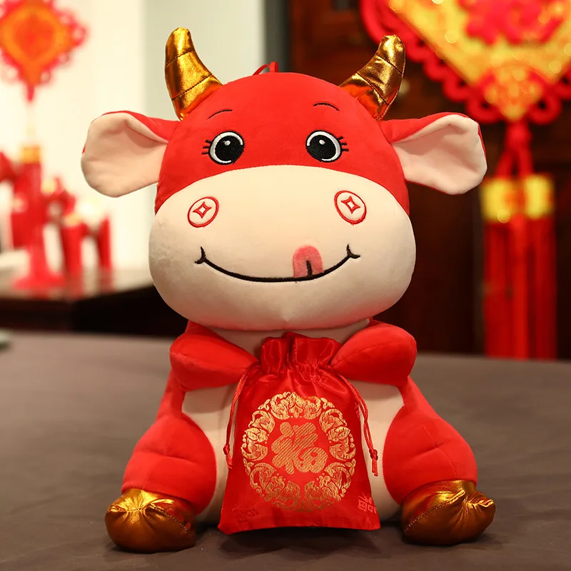 

2021 New Year Gift Cute Cow Plush Toys Mascot Zodiac Ox Stuffed Toy Cartoon Animals Doll Chinese Red Lucky Doll Home Decoration