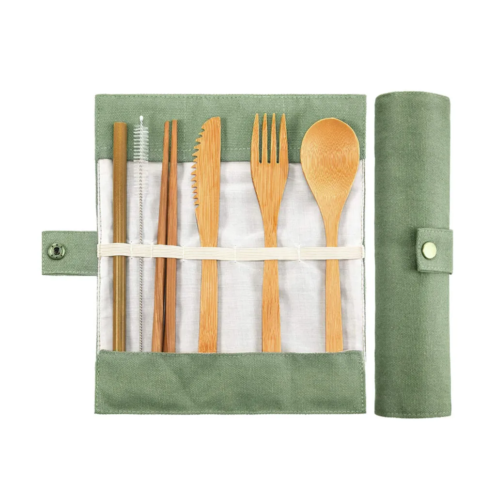 Travel Cutlery With Straws Seven-piece Suit Flatware Bamboo Utensils Setreusable Eco Friendly Portable Suitable For Traveling