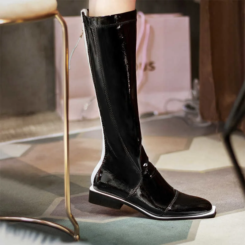 

2020 winter new color matching fashion boots square head thick heel high tube boots back zipper low heel stitching sexy female