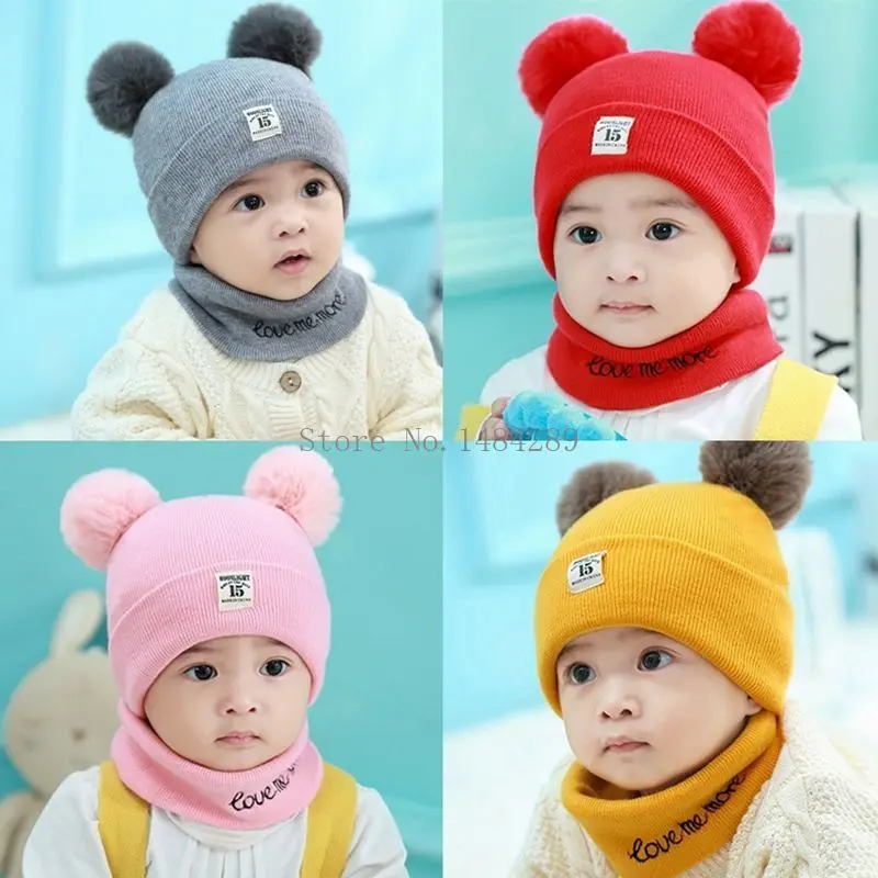 

2 Pieces Baby Beanies Cap Set Baby Kid Solid Plush Ball Baby Girls Hat and Scarf Set Winter Warm Caps Winter Hat for Boys
