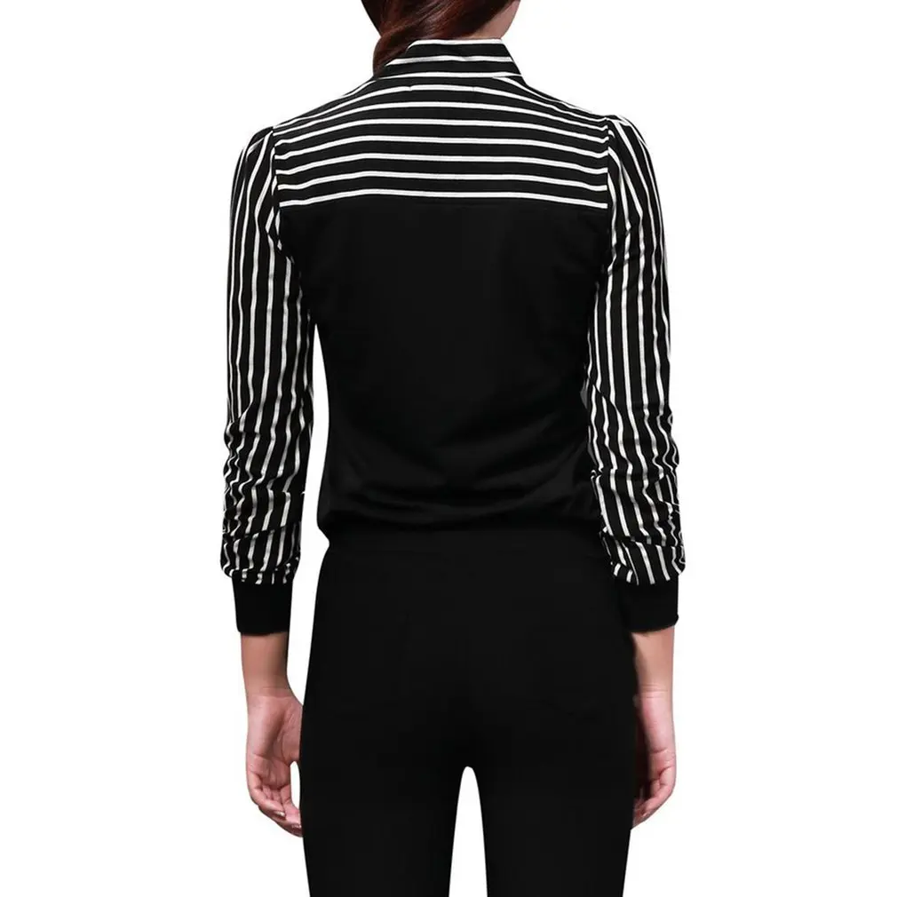 Женская шифоновая блузка в полоску винтажная с бантом и длинным рукавом летний