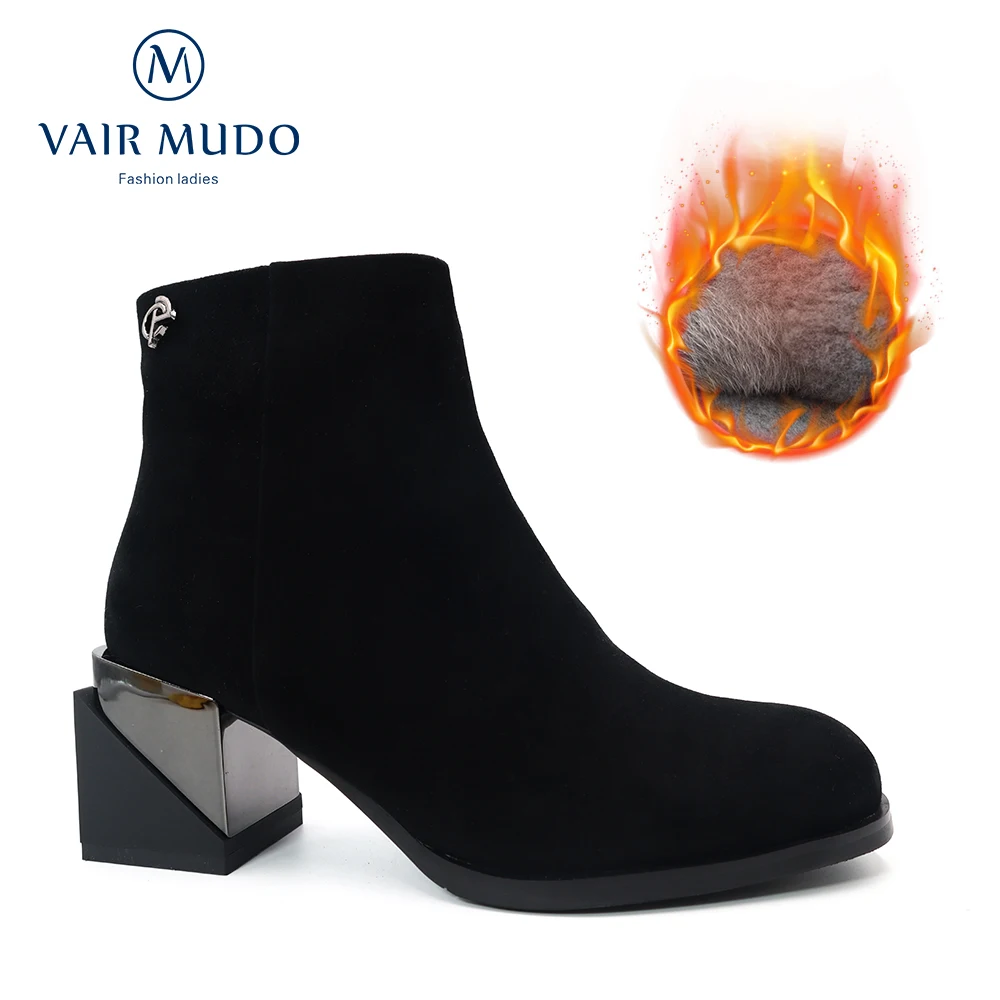 

VAIR MUDO Women Ankle Boots Round Toe High Heels Black Kid Suede Work & Safety Elegant Fashion Women Boots Shoes Female DX37