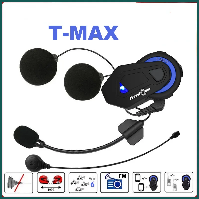 T-MAX Motorcycle Helmet Bluetooth Intercom Headset 1000M 6 Riders Motorbike Headphone Group Talk System FM Radio