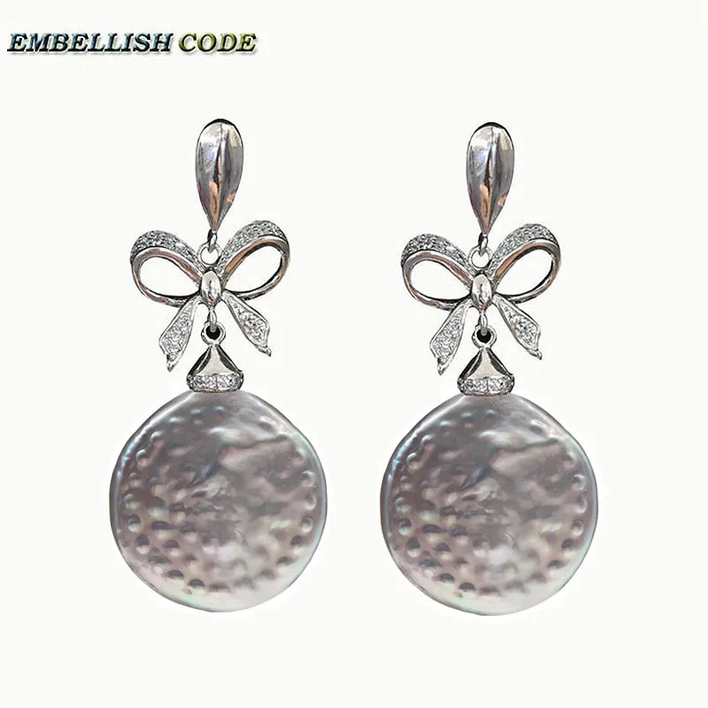 baroque pearls Bowknot style noble dangle earrings gray color large flat round coin tissue nucleated freshwater pearl for women