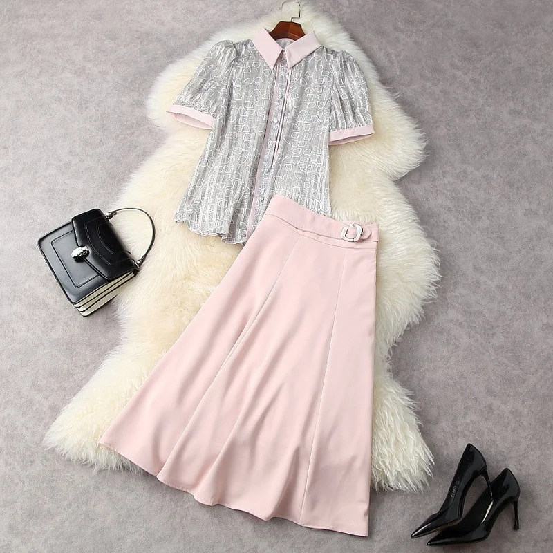 

2021 Printed Shirt with Short Sleeves Pink Pleated Skirt Fashion Suits European and American Women's Wear for Spring