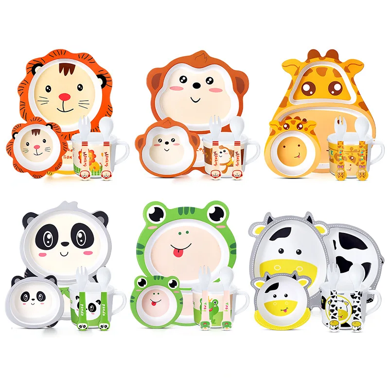 5PCS /Set Bamboo Tableware Plates for Food Children's Cartoon Animals Baby Gridded Plate Bowl and Dish Set Foldable Portable