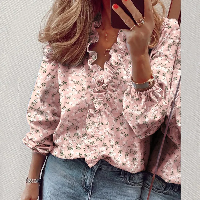 

New Fashion Womens Long Sleeve Floral Print T Shirts Ladies Ruffle V Neck Tops Casual Loose Plus Size Shirts