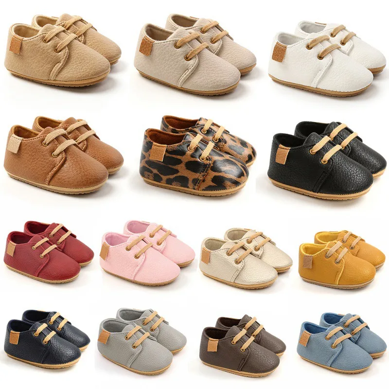 

LXA-Newborn Baby Boy High Grade Leopard PU Lace-up Non-slip Soft Sole Toddler Frist Waliking Shoes