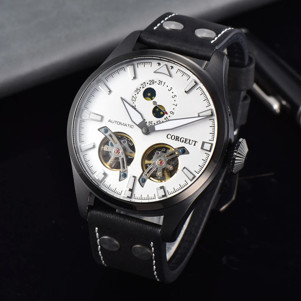 Corgeut 46 мм мужские полые Tourbillon белый циферблат Сапфировая кожа сталь черный корпус