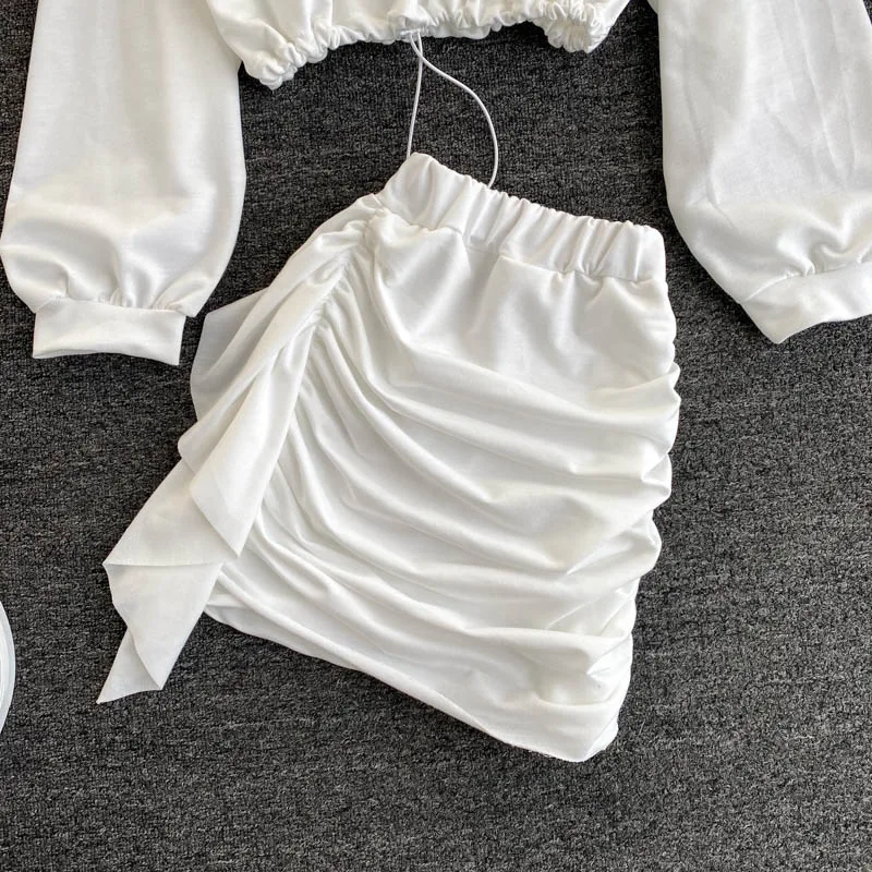 

Autumn Streetwear Women 2pcs Set Gray/White O-neck Long Sleeve Hollow Out Shirts And Ruffle Mini Skirts Female Fashion Sets Suit