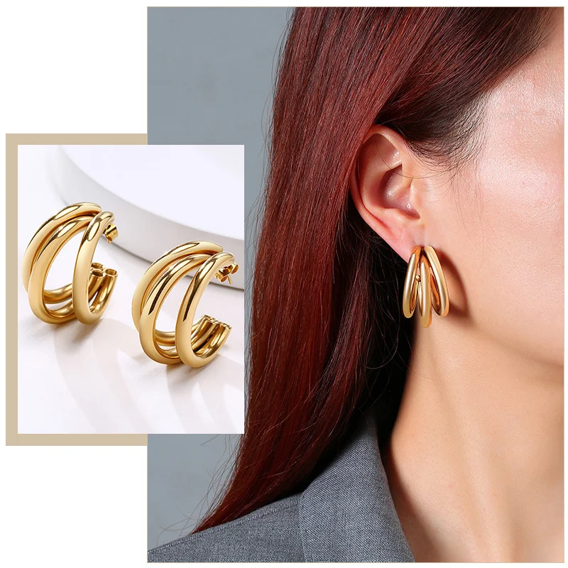 

Punk Layered Hoop Earrings for Women,Gold Color Stainless Steel Circle Round Earrings,Heavy Bold Chunky Lady Ear Jewelry