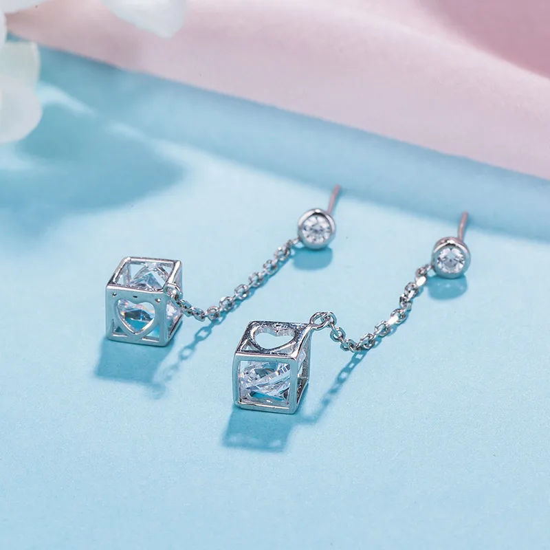 

Real 925 Sterling Silver Square Rhinestones Drop Earrings For Women Fine Jewelry Trendy Tassel Earrings Set 2020