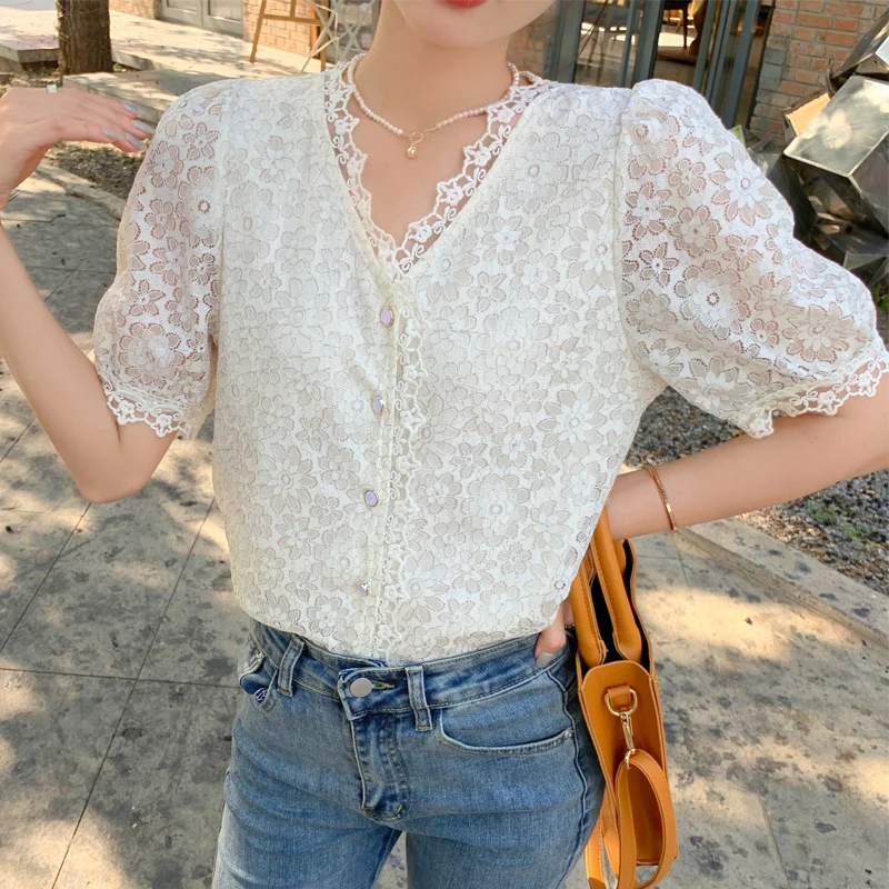 

CMAZ 2021 summer French lace render shirt short sleeves chiffon v-neck women hubble-bubble sleeve blouse tops 6325#