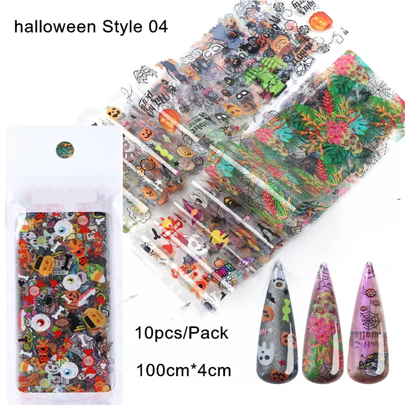 Halloween 04 8/10/16 шт инструментов для ногтей Фольга передачи комплект наклейка для ногтей Стикеры 4*100 см цветок газета новости смешанные нейл-арта украшения клей обертывания - Цвет: Halloween 04