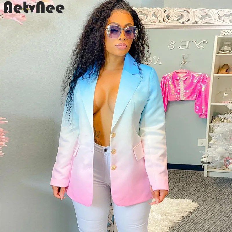 

AetvNee Gradient Color Blazers Women Coats Fall Full Sleeve Notched Single Breasted Straight Blazer Coat Fashion Street Outfits