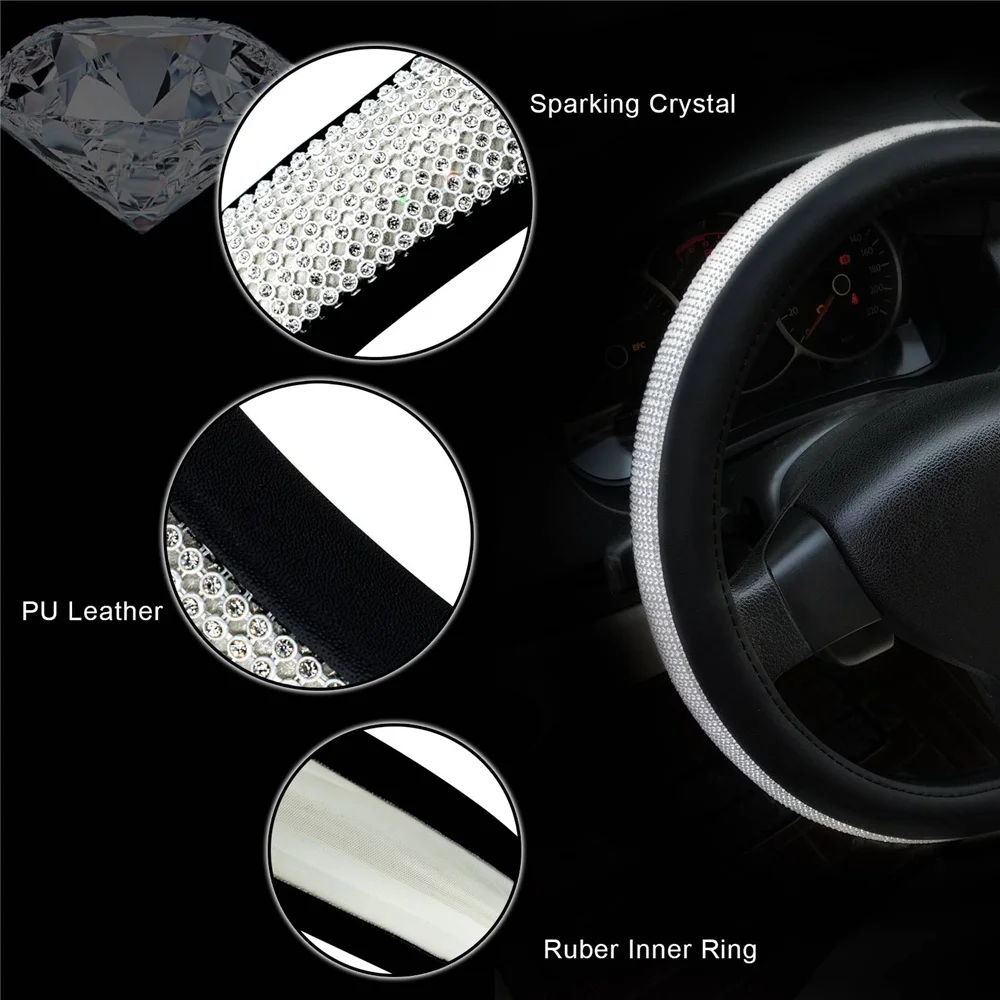 

PU Leather Bling Crystal Steering Wheel Cover Protector Diamond Rhinestones for Women Girl Car Interior Accessories