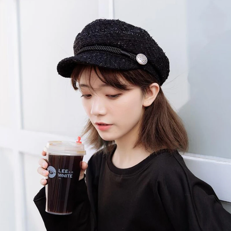 Модная твидовая блестящая военная шапка на пуговицах весна осень матросские