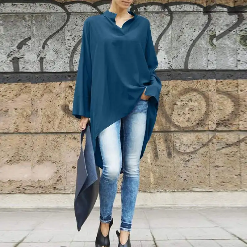 

Блузка ZANZEA Женская Повседневная с длинным рукавом, свободная Однотонная рубашка с V-образным вырезом, асимметричный подол, туника с высоким ...