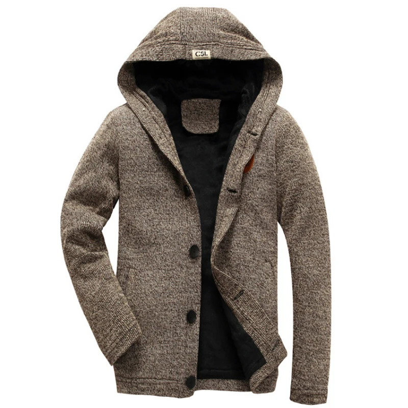 Мужской повседневный Зимний толстый кардиган на пуговицах с капюшоном, Одноцветный Кардиган с длинным рукавом, Азиатский размер M-3XL, J725